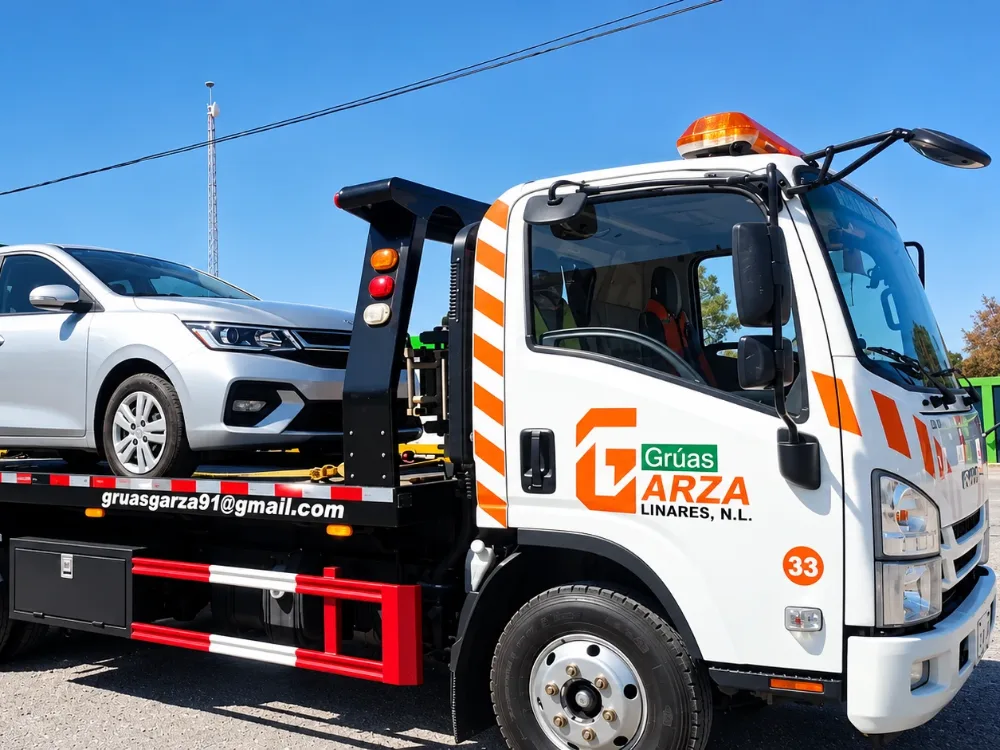 Grúa de plataforma clase A número 33 de Grúas Garza con un auto cargado